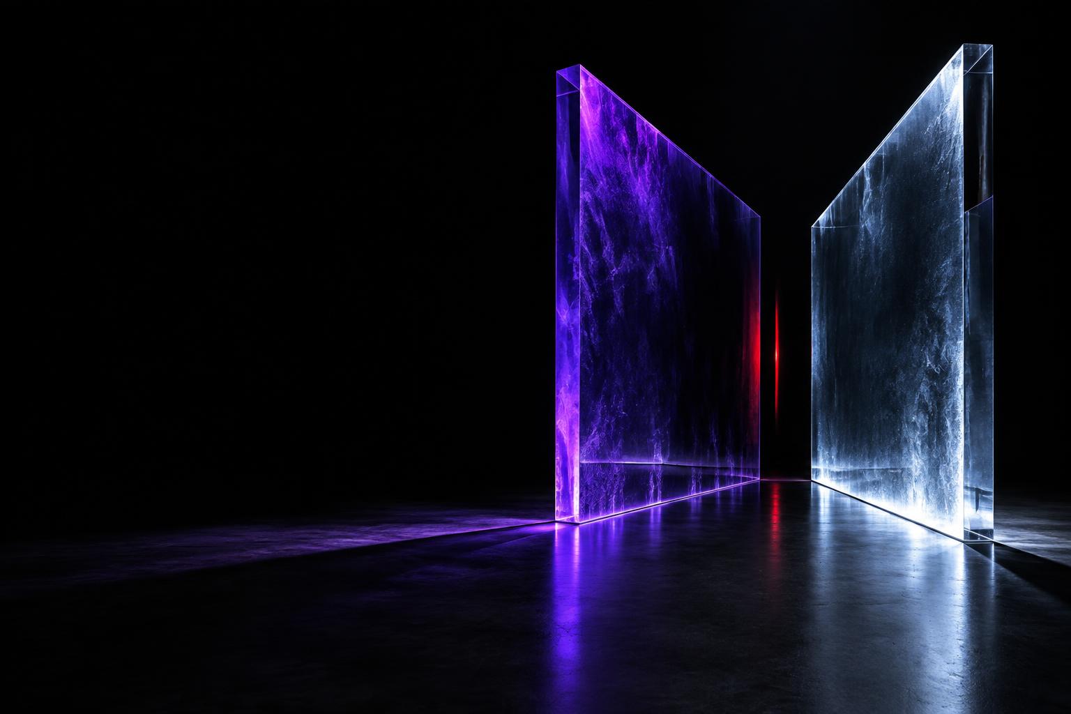 Two illuminated glass structures facing each other